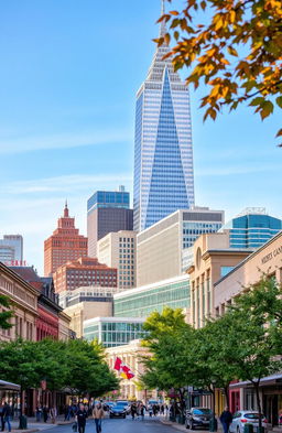 A bustling American-style cityscape with iconic Canadian architecture, featuring a towering modern skyscraper and a grand shopping mall at the forefront