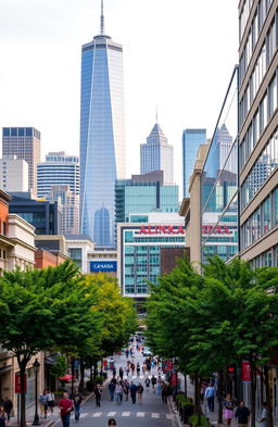 A bustling American-style cityscape with iconic Canadian architecture, featuring a towering modern skyscraper and a grand shopping mall at the forefront
