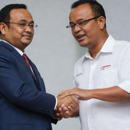 Close-up, HD image of Anies Baswedan, prospective President of Indonesia, delivering a campaign speech while holding a young man's hand.