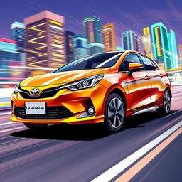 A dynamic illustration of the Toyota Glanza V EE91 model, in a sleek and vibrant animated style