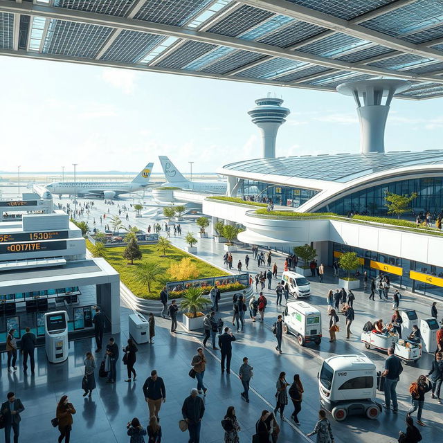 A futuristic airport infrastructure scene showcasing advanced technology