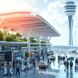 A futuristic airport infrastructure scene showcasing advanced technology