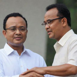 Close-up, HD image of Anies Baswedan, prospective President of Indonesia, delivering a campaign speech while holding a young man's hand.