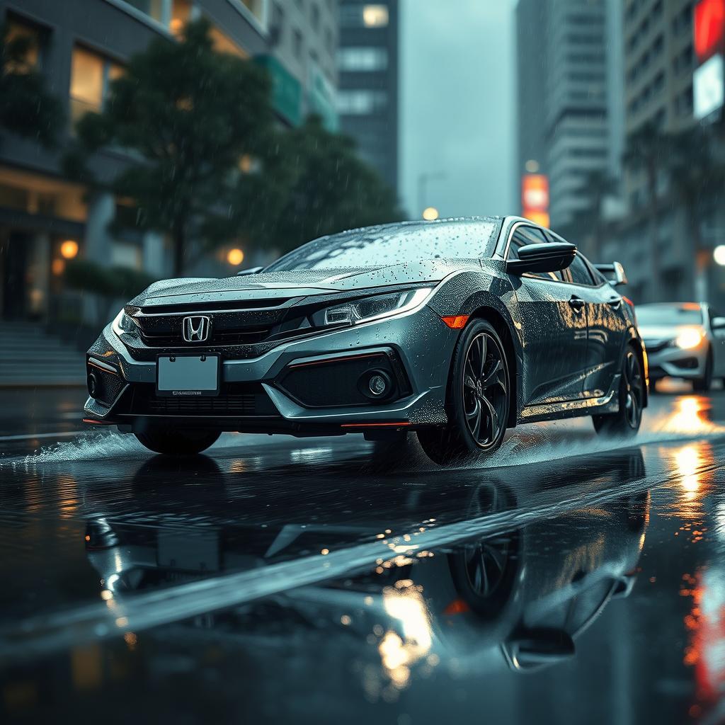 A captivating scene featuring the Honda Civic EK3 in a rainy environment