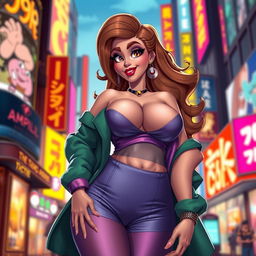 Animated character of a voluptuous woman with exaggerated feminine features, wearing stylish and colorful clothing that accentuates her curves