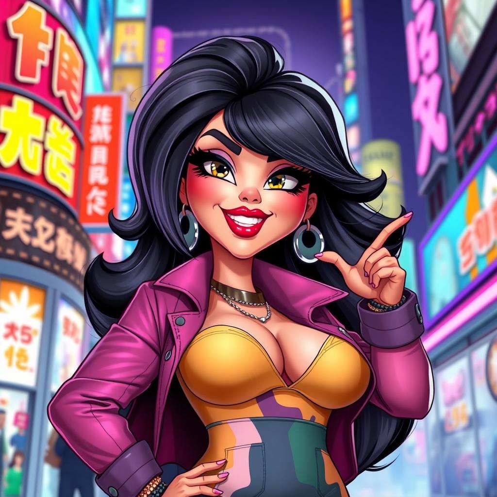 Animated character of a voluptuous woman with exaggerated feminine features, wearing stylish and colorful clothing that accentuates her curves