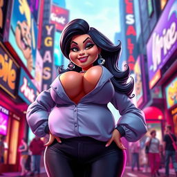 Animated character of a voluptuous woman with exaggerated feminine features, wearing stylish and colorful clothing that accentuates her curves