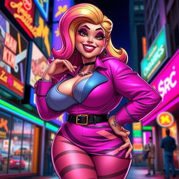 Animated character of a voluptuous woman with exaggerated feminine features, wearing stylish and colorful clothing that accentuates her curves