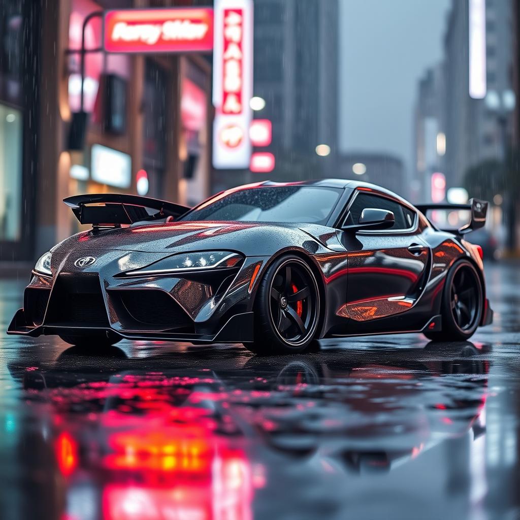 A modified Toyota Supra parked dramatically in the rain, showcasing its sleek body kit and custom wheels