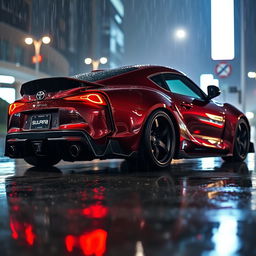 A modified Toyota Supra parked dramatically in the rain, showcasing its sleek body kit and custom wheels