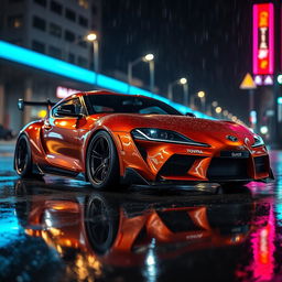 A modified Toyota Supra parked dramatically in the rain, showcasing its sleek body kit and custom wheels