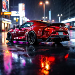 A modified Toyota Supra parked dramatically in the rain, showcasing its sleek body kit and custom wheels