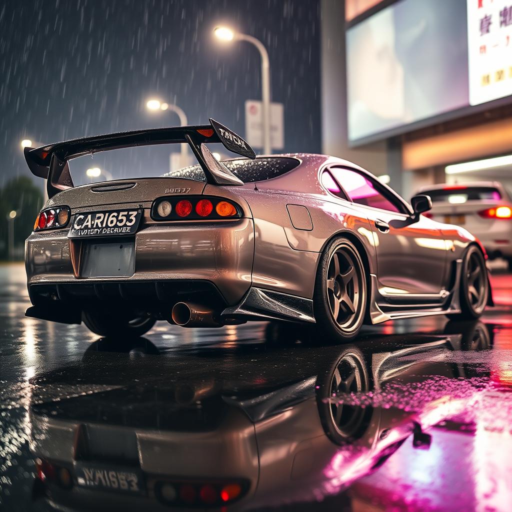 A modified Toyota MK4 Supra parked dramatically in the rain, showcasing its sleek body kit and aggressive styling