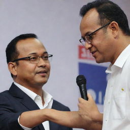 Close-up, HD image of Anies Baswedan, prospective President of Indonesia, delivering a campaign speech while holding a young man's hand.