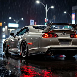 A modified Toyota MK4 Supra parked dramatically in the rain, showcasing its sleek body kit and aggressive styling