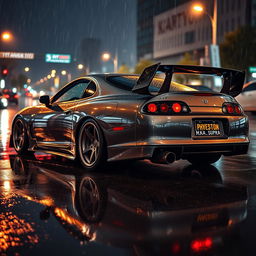 A modified Toyota MK4 Supra parked dramatically in the rain, showcasing its sleek body kit and aggressive styling