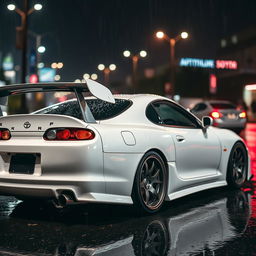 A modified Toyota MK4 Supra parked dramatically in the rain, showcasing its sleek body kit and aggressive styling