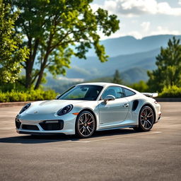 A white Porsche 911 Turbo S parked in a spacious parking lot, surrounded by lush greenery and distant mountains