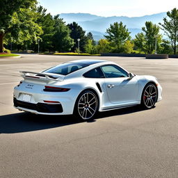 A white Porsche 911 Turbo S parked in a spacious parking lot, surrounded by lush greenery and distant mountains