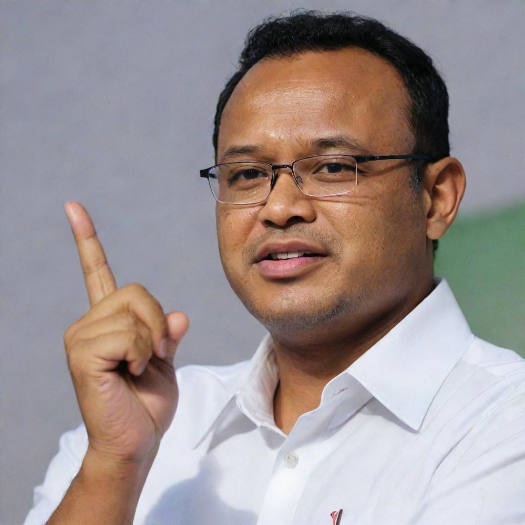 Close-up, HD image of Anies Baswedan, prospective President of Indonesia, delivering a campaign speech while holding a young man's hand.