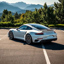 A white Porsche 911 Turbo S parked in a spacious parking lot, surrounded by lush greenery and distant mountains