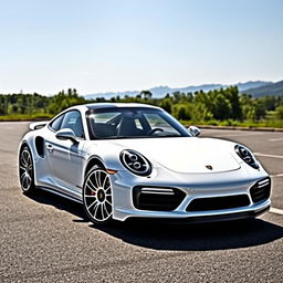 A white Porsche 911 Turbo S parked in a spacious parking lot, surrounded by lush greenery and distant mountains