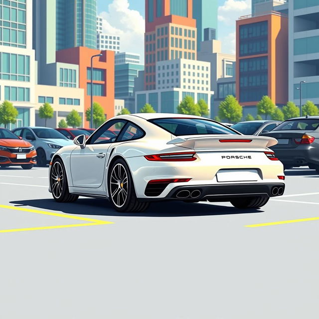 Animated style illustration of a white Porsche 911 Turbo S in a parking lot