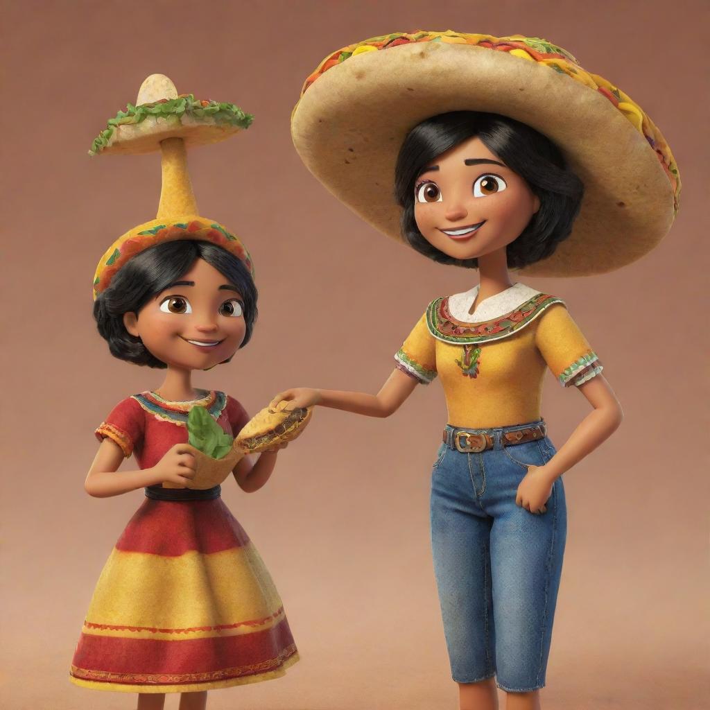 A friendly, female character personified with Mexican cultural elements, friendly engaging with a humanoid taco.