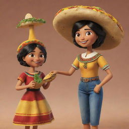 A friendly, female character personified with Mexican cultural elements, friendly engaging with a humanoid taco.