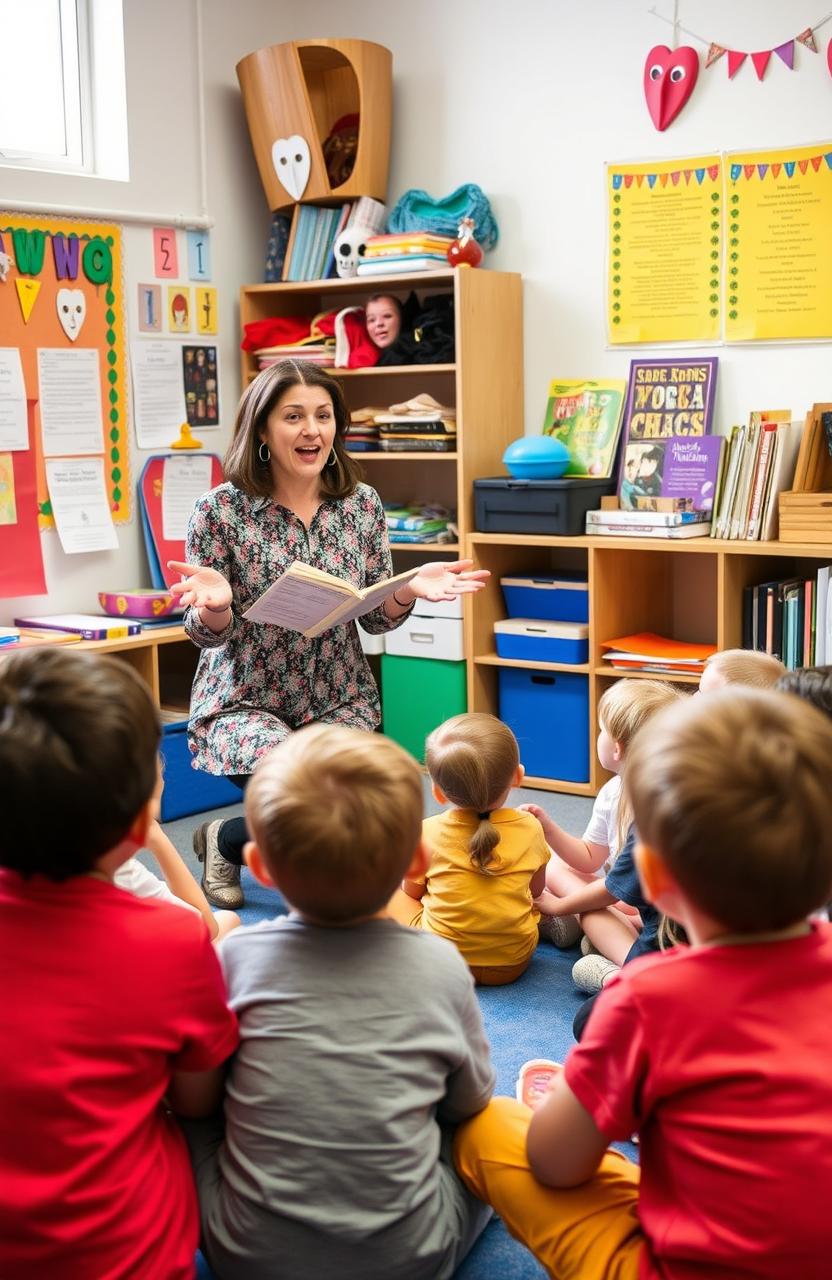 A drama teacher leading a group of young children in a classroom setting, teaching them about drama and storytelling