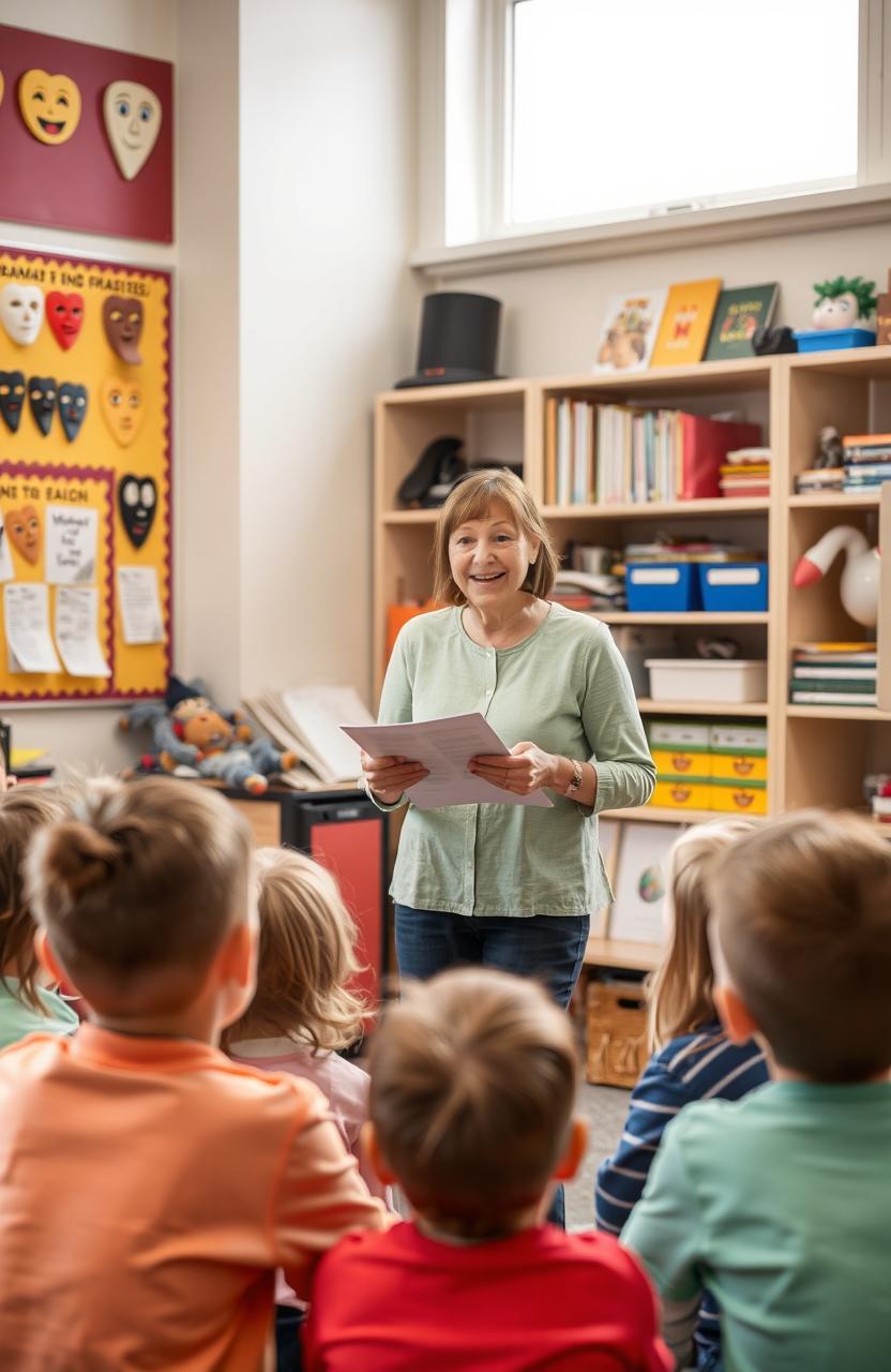 A drama teacher leading a group of young children in a classroom setting, teaching them about drama and storytelling