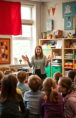 A drama teacher leading a group of young children in a classroom setting, teaching them about drama and storytelling