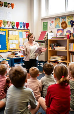 A drama teacher leading a group of young children in a classroom setting, teaching them about drama and storytelling