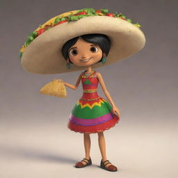 A friendly, female character personified with Mexican cultural elements, friendly engaging with a humanoid taco.