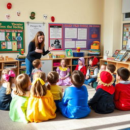 A drama teacher guiding a group of young children in a classroom, engaging them in drama and storytelling activities