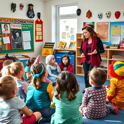 A drama teacher guiding a group of young children in a classroom, engaging them in drama and storytelling activities