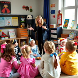 A drama teacher guiding a group of young children in a classroom, engaging them in drama and storytelling activities