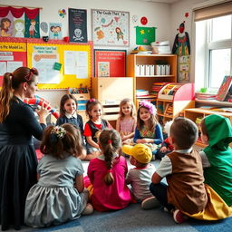 A drama teacher guiding a group of young children in a classroom, engaging them in drama and storytelling activities