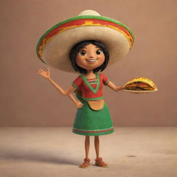 A friendly, female character personified with Mexican cultural elements, friendly engaging with a humanoid taco.