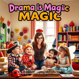 A vibrant book cover design featuring the title "Drama is Magic" in bold, whimsical font at the top