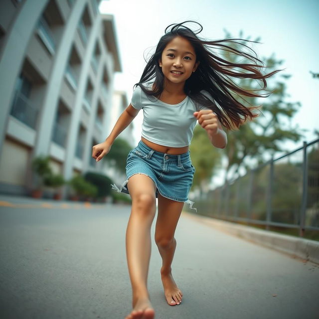 A 20-year-old Asian girl with brown skin, wearing a white crop top shirt and a denim mini skirt