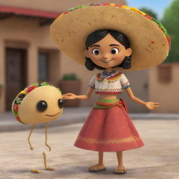 A friendly, female character personified with Mexican cultural elements, friendly engaging with a humanoid taco.