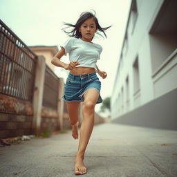 A 20-year-old Asian girl with brown skin, wearing a white crop top shirt and a denim mini skirt