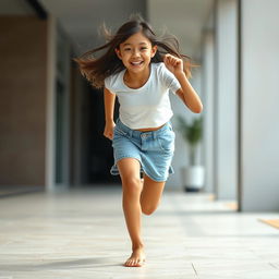 A 20-year-old Asian girl with brown skin, wearing a white crop top shirt and a denim mini skirt