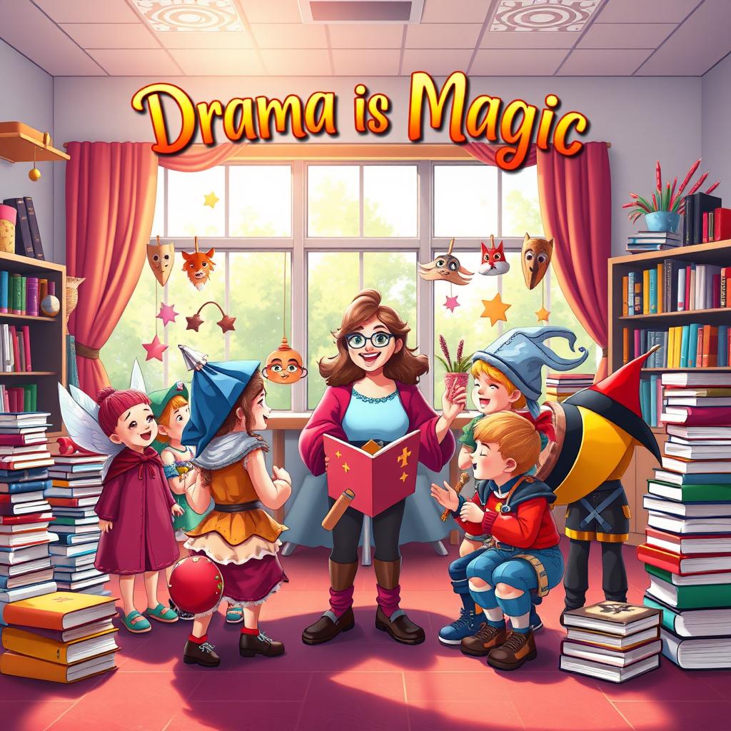 A 4k resolution book cover design titled "Drama is Magic" prominently displayed at the top in an enchanting, playful font