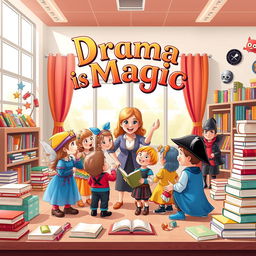 A 4k resolution book cover design titled "Drama is Magic" prominently displayed at the top in an enchanting, playful font