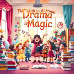 A 4k resolution book cover design titled "Drama is Magic" prominently displayed at the top in an enchanting, playful font