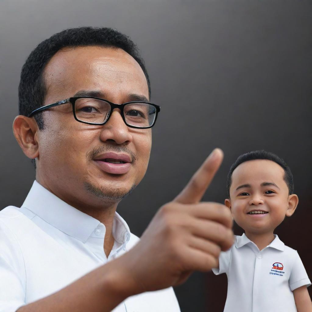 A detailed 3D HD illustration of Anies Baswedan delivering a campaign speech on stage, while holding a young man's hand in a close-up shot.