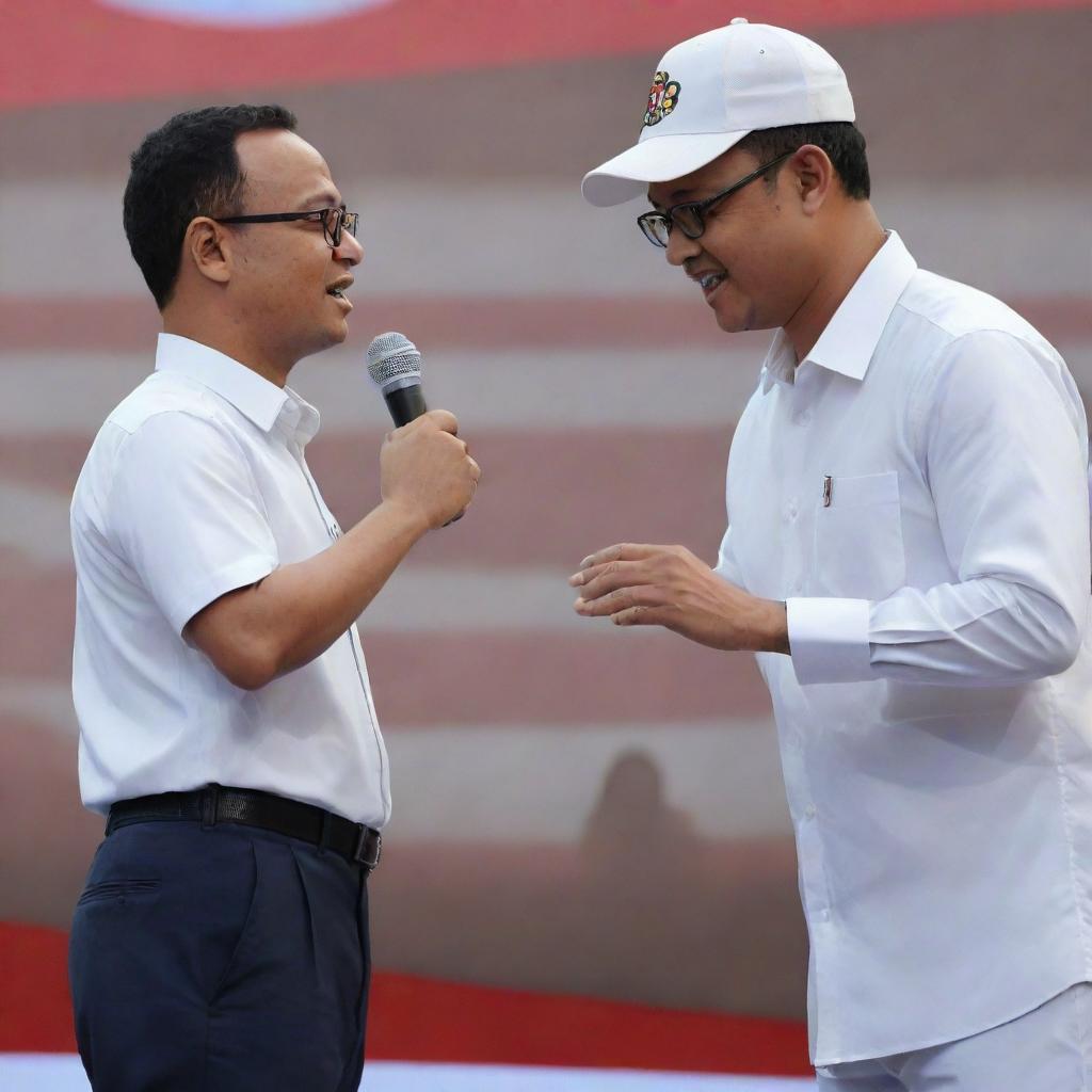 A detailed 3D HD illustration of Anies Baswedan delivering a campaign speech on stage, while holding a young man's hand in a close-up shot.