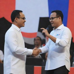 A detailed 3D HD illustration of Anies Baswedan delivering a campaign speech on stage, while holding a young man's hand in a close-up shot.